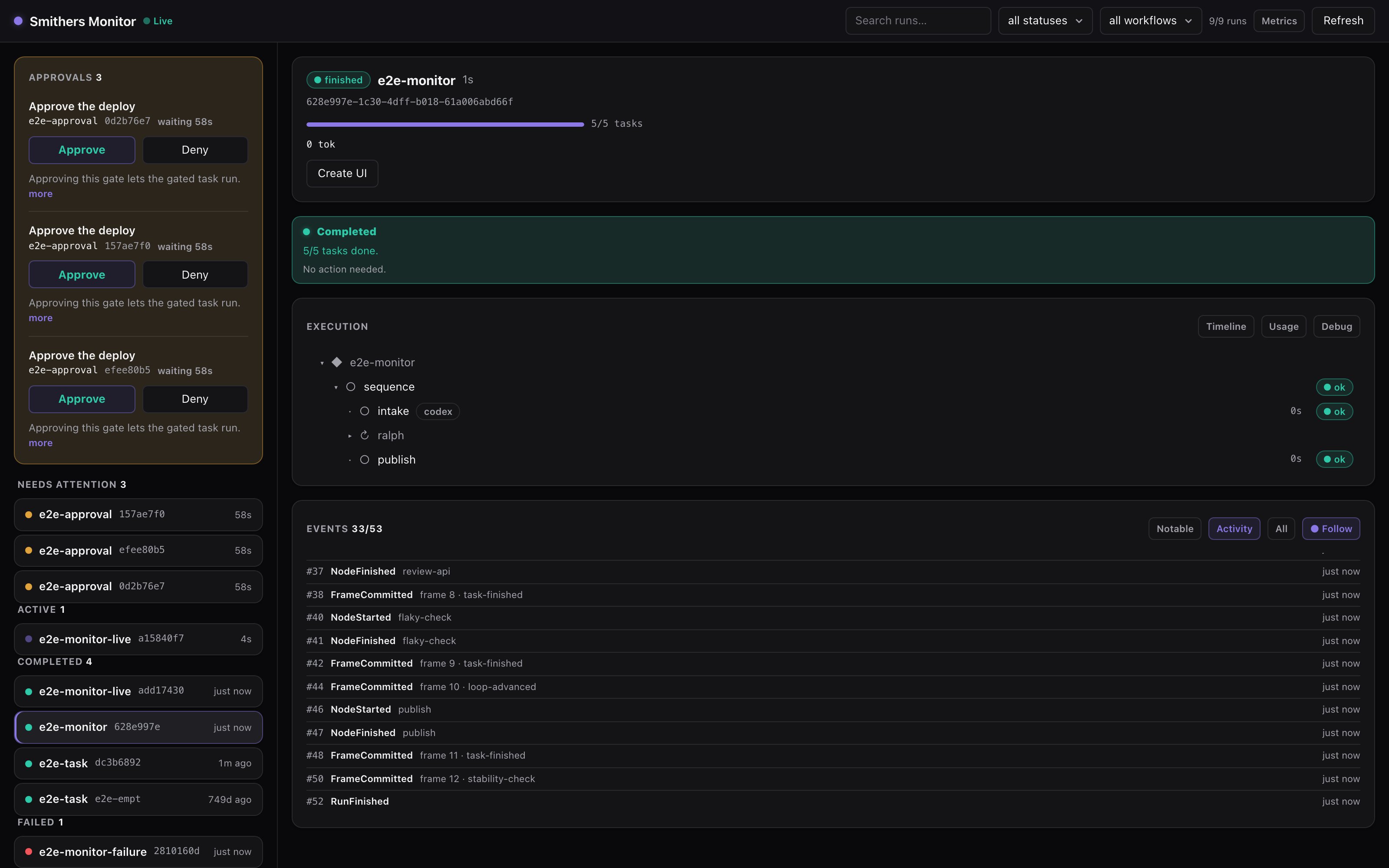 A Monitor run detail page in dark theme with an approvals rail, execution tree, and structured event log