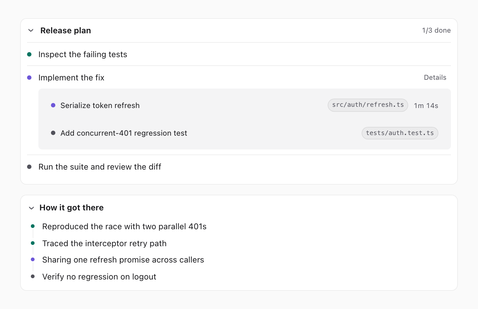 A collapsible release plan with done, active, and pending steps and task rows showing file badges and elapsed time, above a chain-of-thought step list