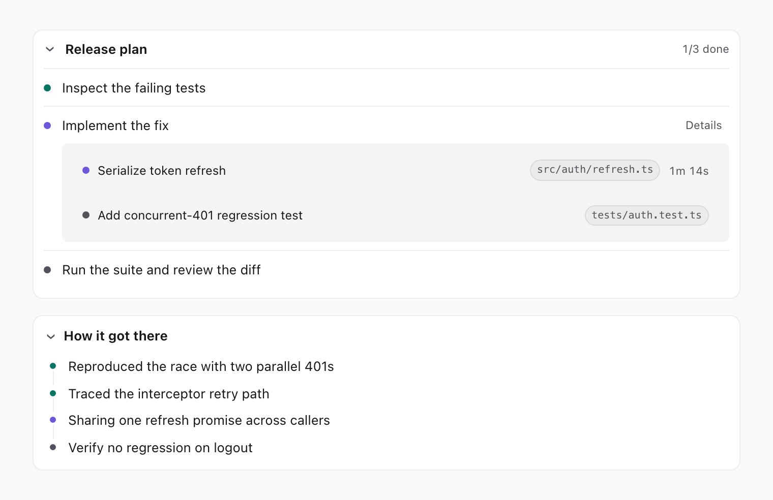 A collapsible release plan with done, active, and pending steps and task rows showing file badges and elapsed time, above a chain-of-thought step list
