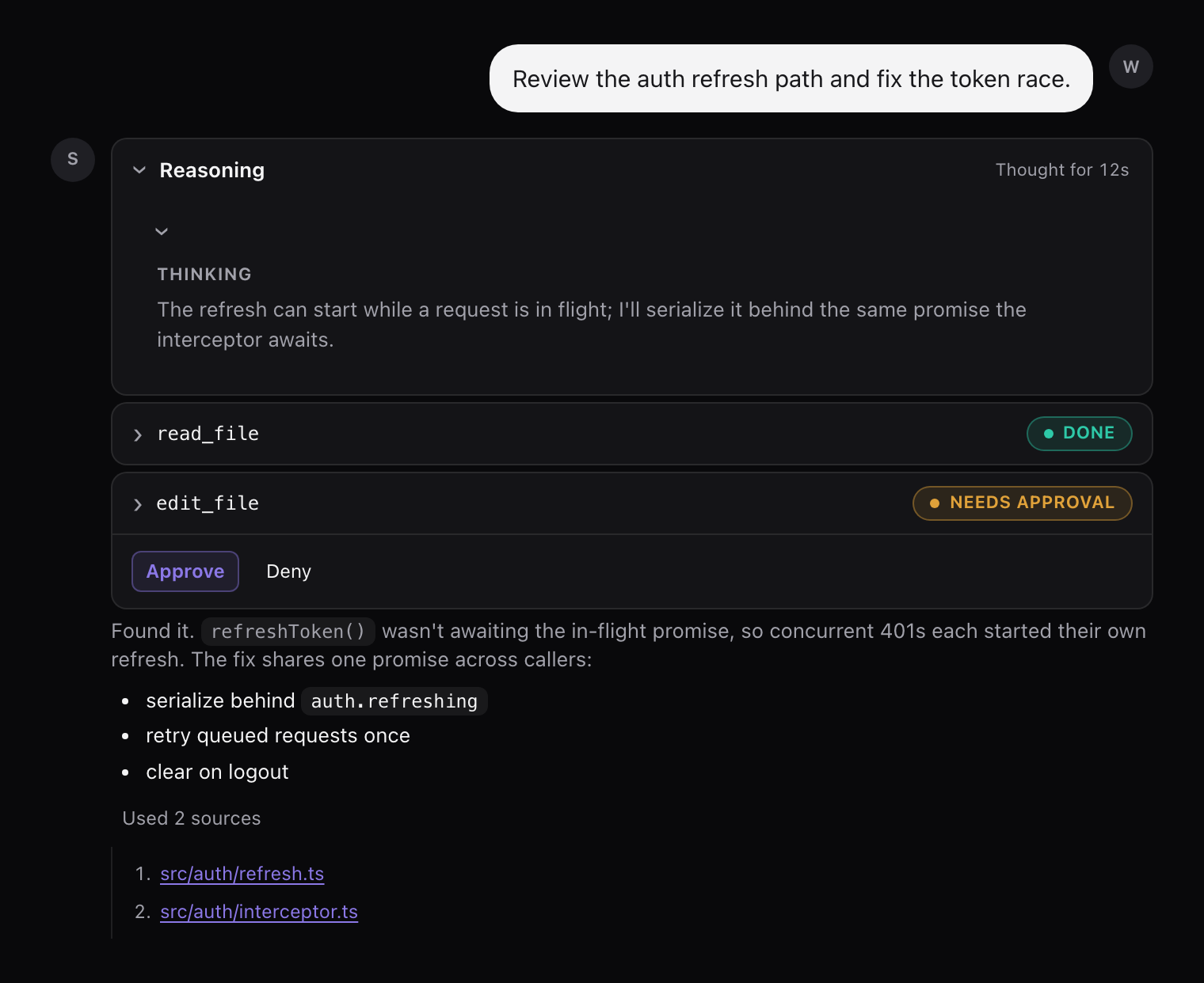 A dark-themed agent chat built from Smithers components: a user bubble, an expandable reasoning trace, two tool-call panels, a markdown answer, and a sources list