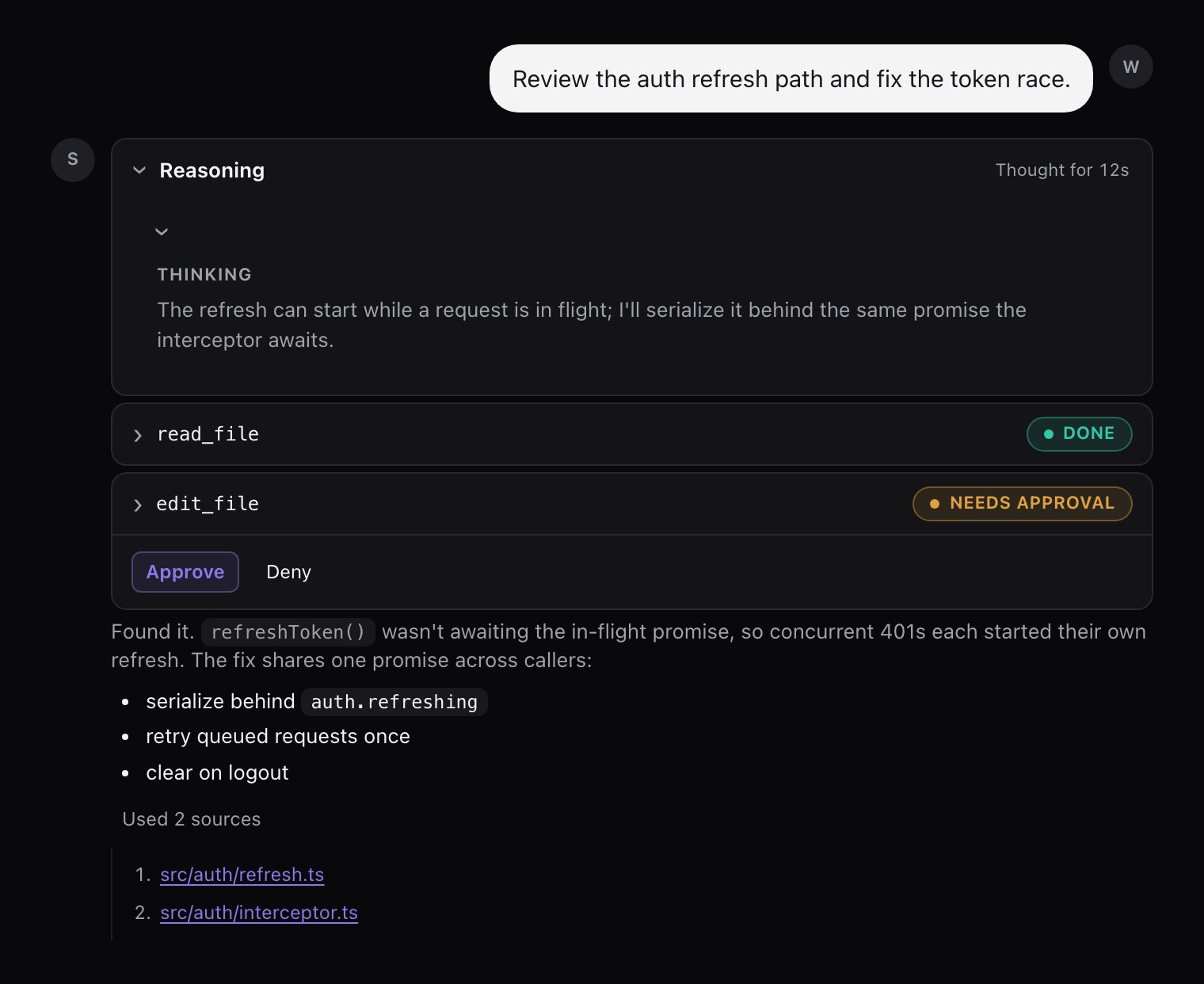 A dark-themed agent chat built from Smithers components: a user bubble, an expandable reasoning trace, two tool-call panels, a markdown answer, and a sources list