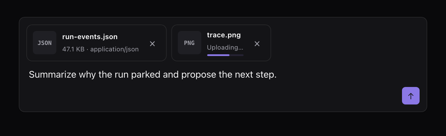 A dark-themed prompt composer with two attachment chips, one mid-upload with a progress bar, a drafted message, and a send button