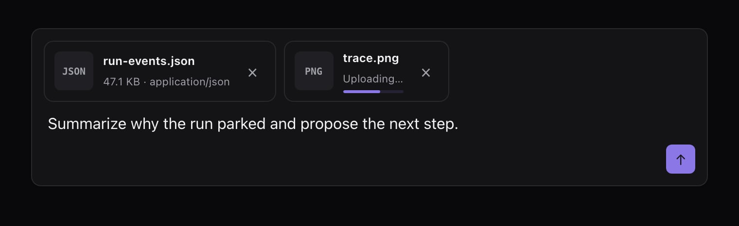 A dark-themed prompt composer with two attachment chips, one mid-upload with a progress bar, a drafted message, and a send button