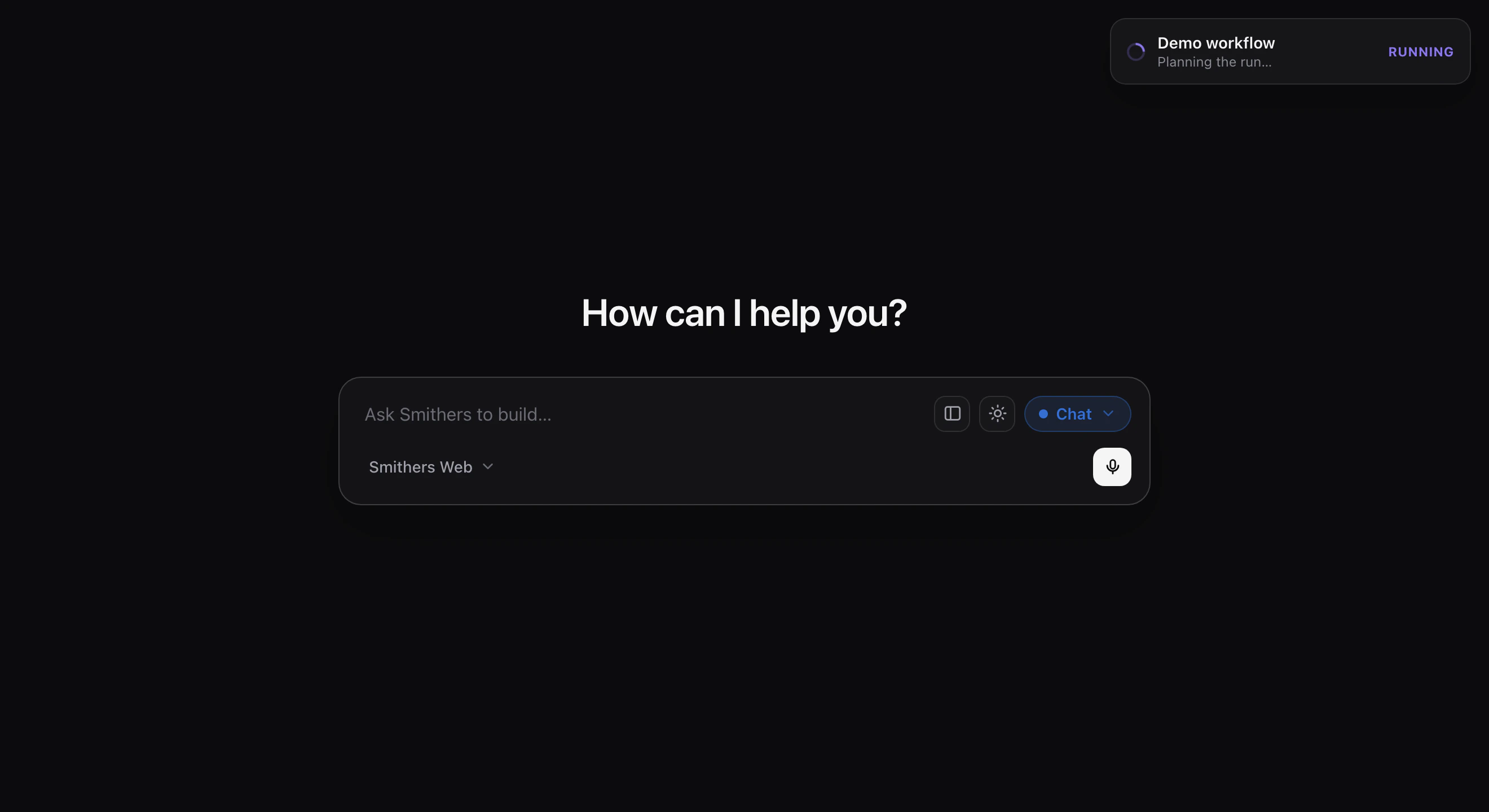 The Smithers Cerebras chat PWA in dark mode showing the welcome hero and composer