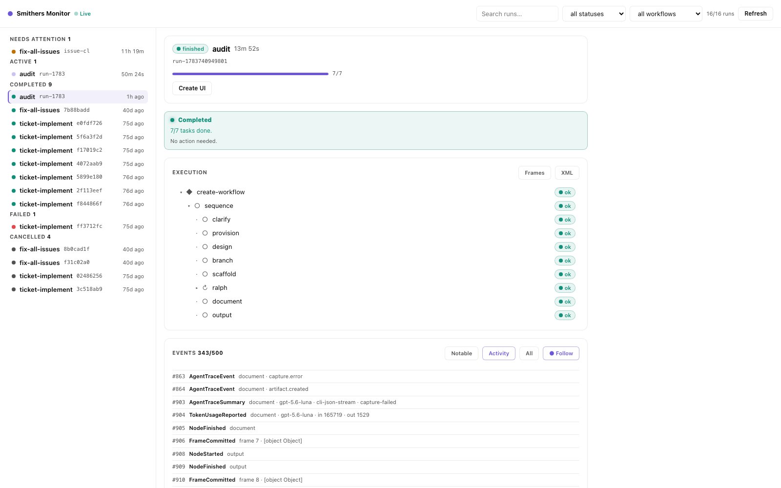A finished run in the Smithers Monitor showing a completed seven-task execution tree and the live event log with agent traces and token usage
