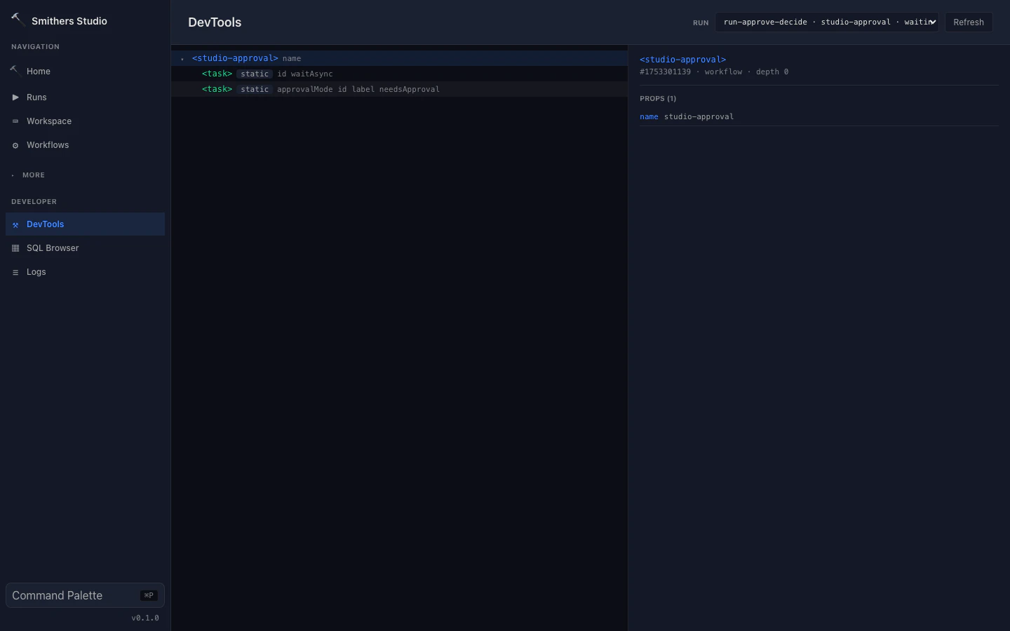 Studio 2 DevTools surface showing the raw run snapshot tree and node inspector