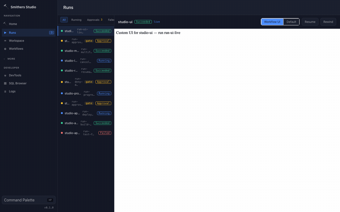 Studio 2 Runs surface streaming live run events into a tree and inspector