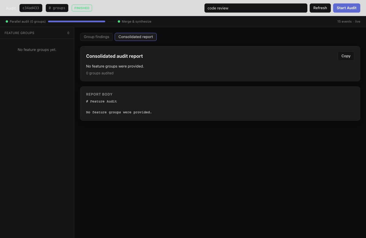 Smithers workflow UI showing audit fanning out across feature groups and merging a report