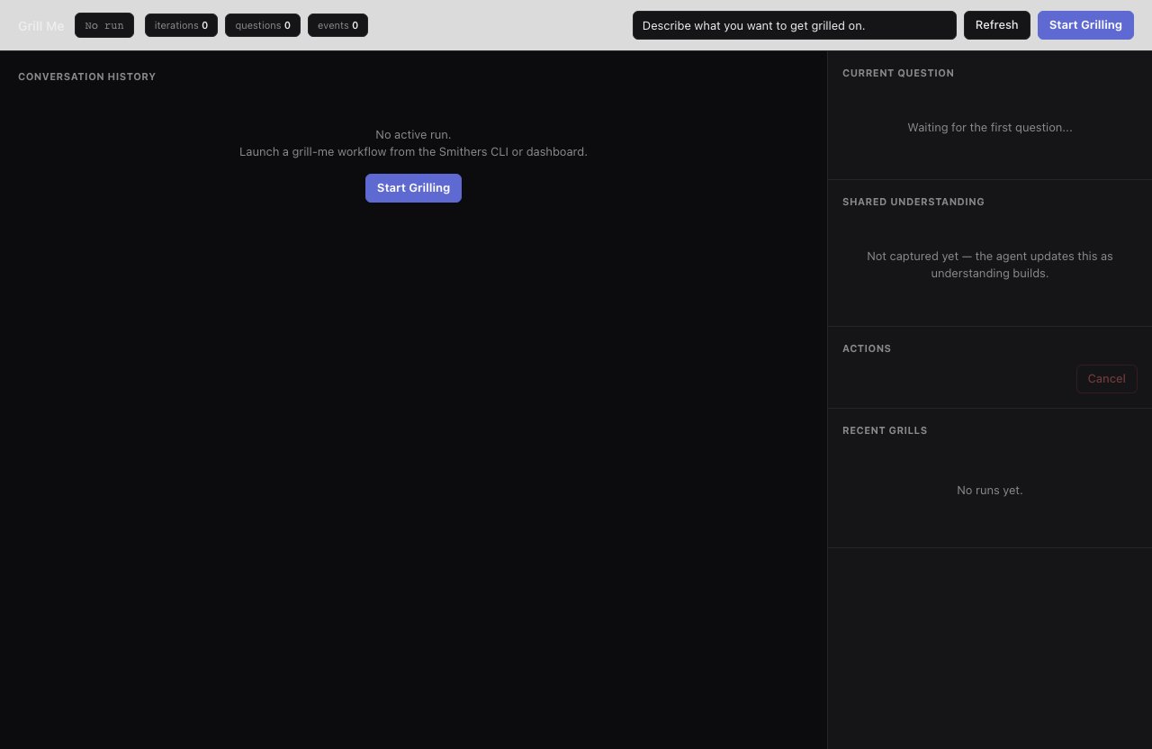 Smithers workflow UI showing grill-me running an iterative question-and-answer interview loop