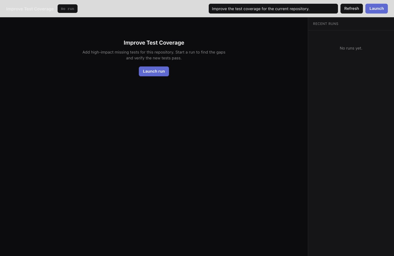 Smithers workflow UI showing improve-test-coverage adding and validating tests