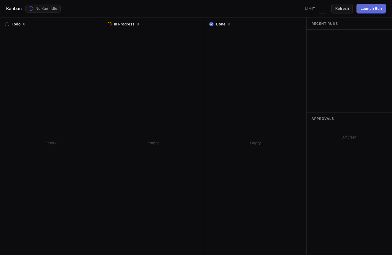 Smithers workflow UI showing kanban fanning tickets out into separate worktree branches before a merge step