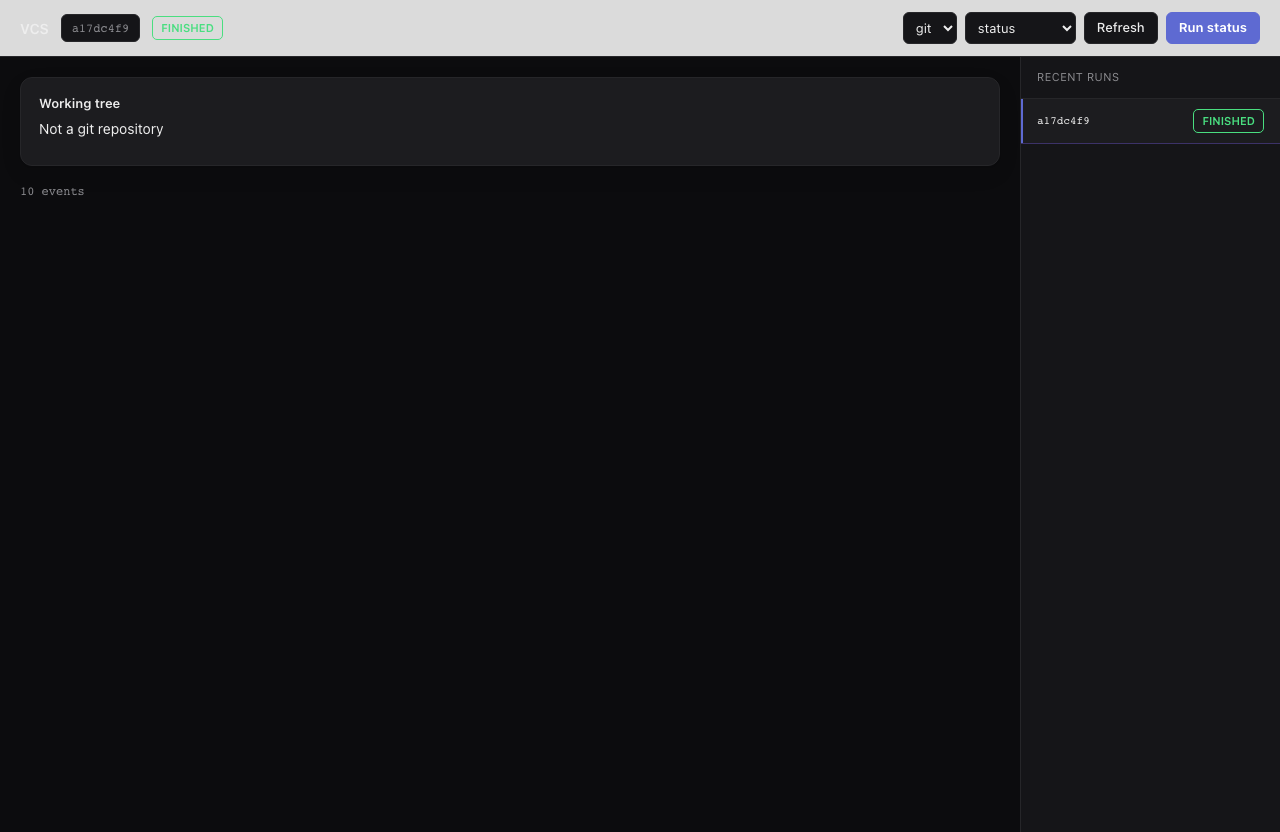 vcs workflow UI showing a git working tree and action controls