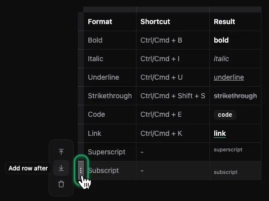 จัดการแถว/หลักของตาราง