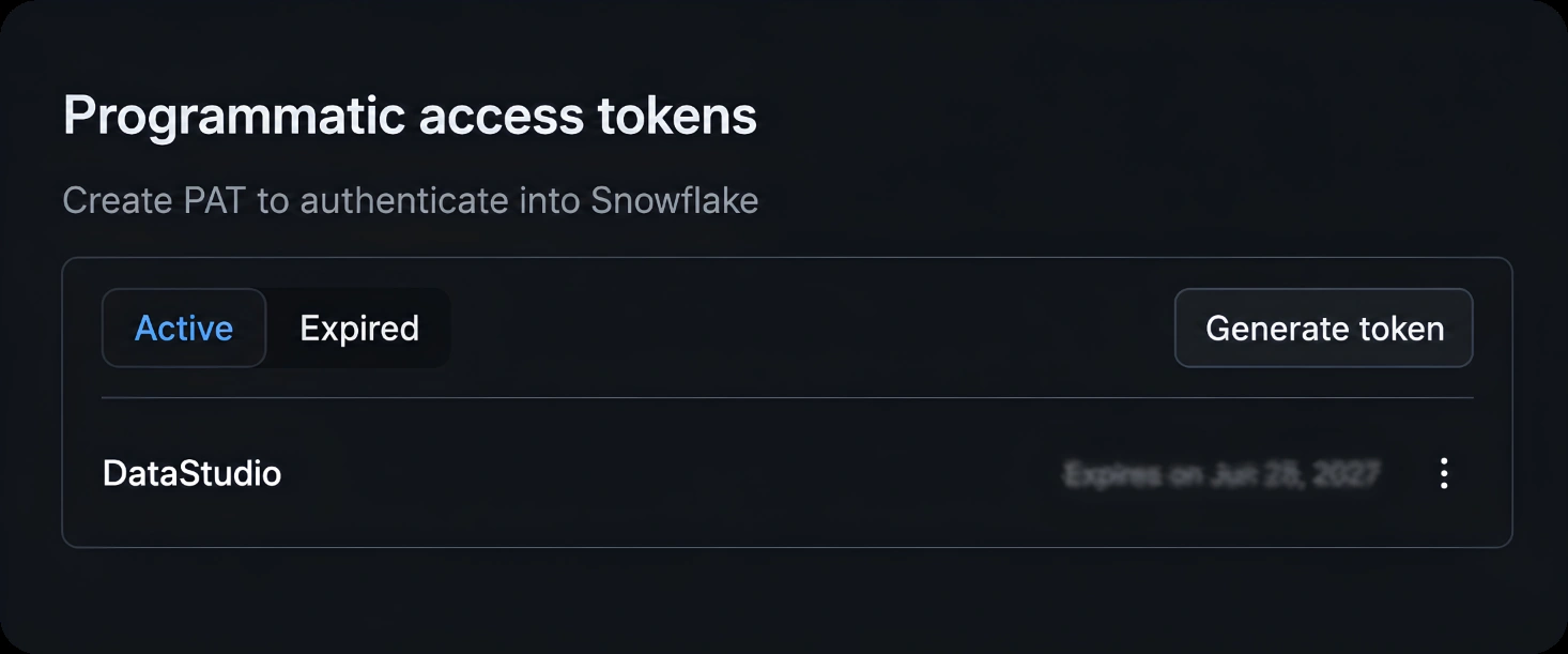 Personal programmatic access tokens panel in Snowsight settings