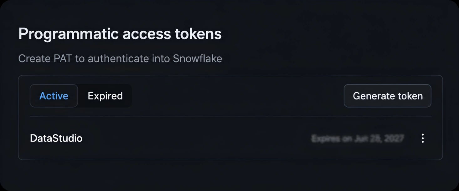 Personal programmatic access tokens panel in Snowsight settings