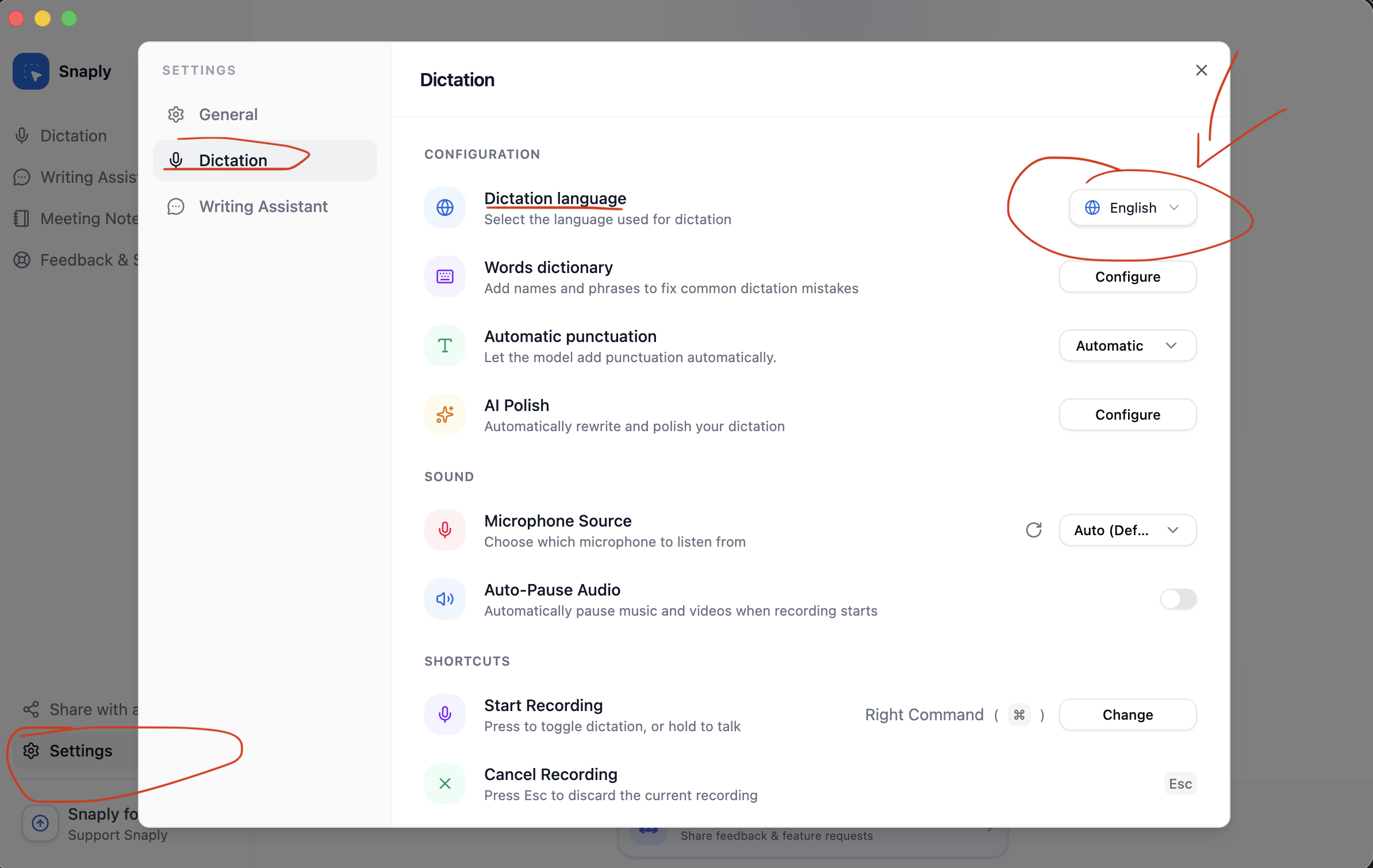 Language selection dropdown