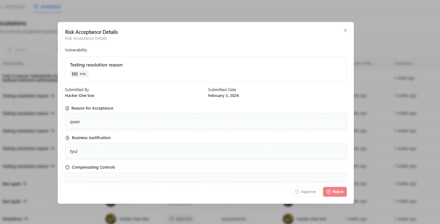 Risk acceptance details modal with justification and approval options
