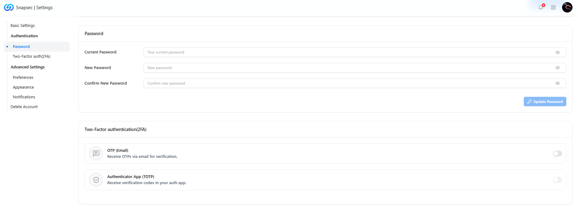 Authentication settings with password and 2FA options