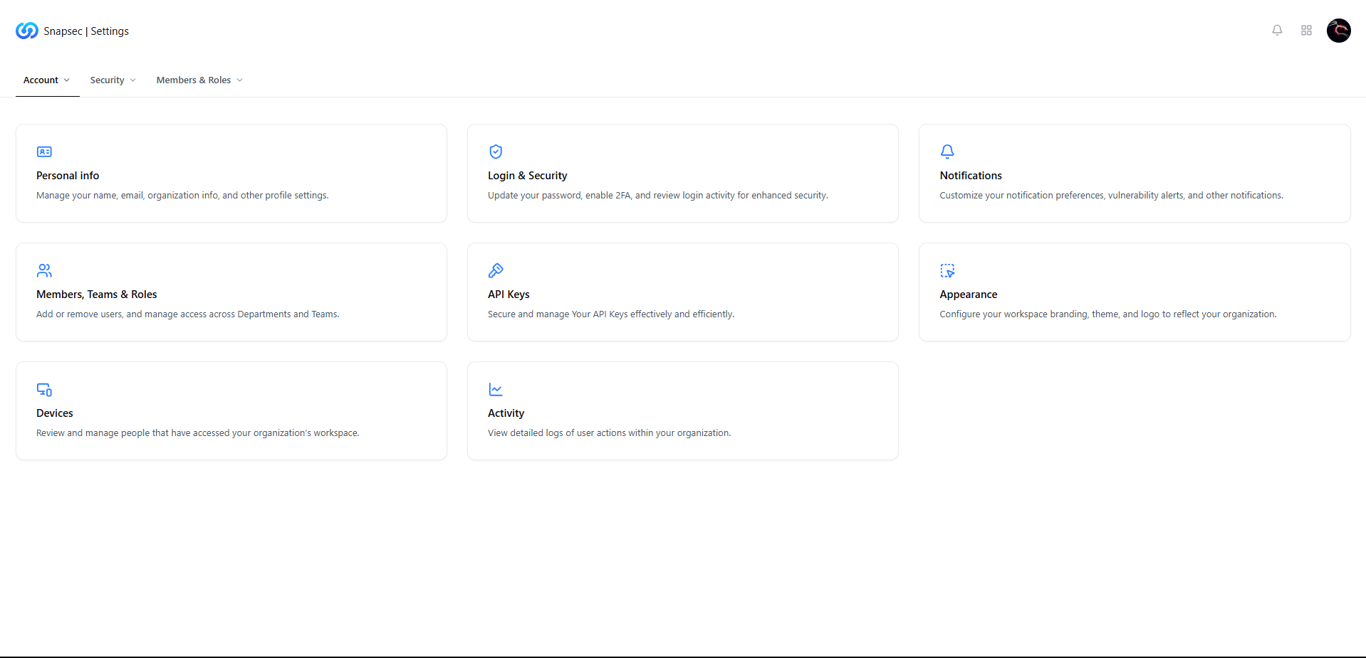 Account settings dashboard with personal info, security, notifications, and preferences