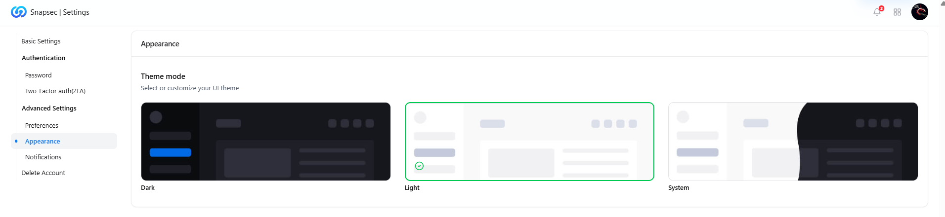 Theme selection options including dark, light, and system mode