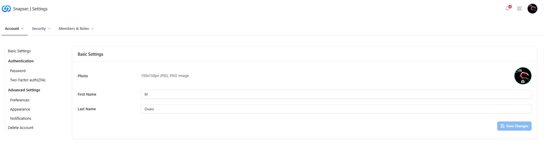 Personal information settings including name and profile photo