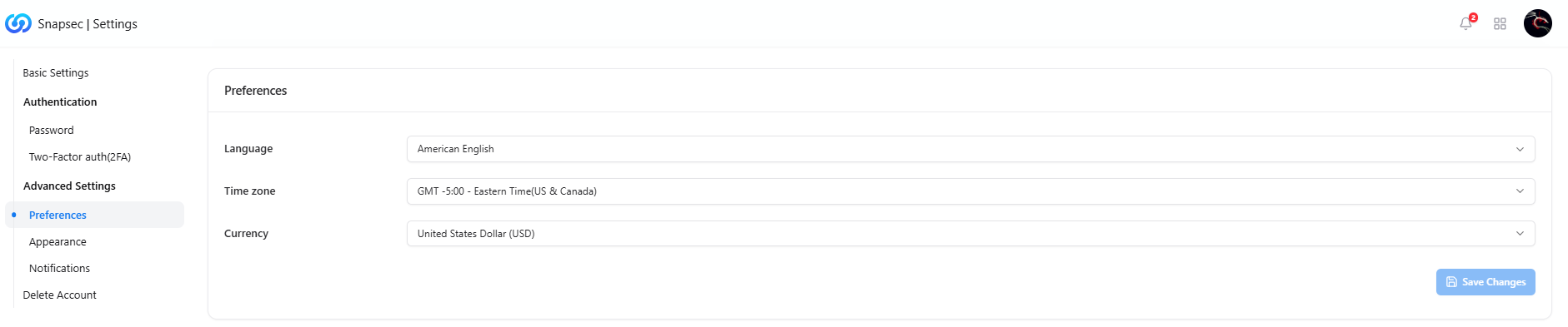 Preferences including language, timezone, and currency
