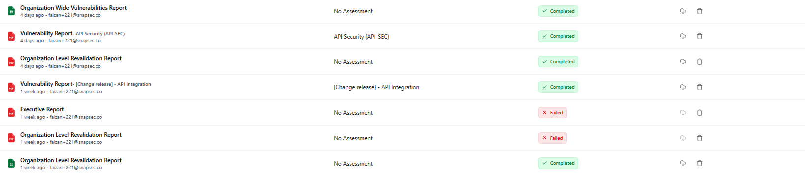 Generate Report modal showing different report types available in Snapsec