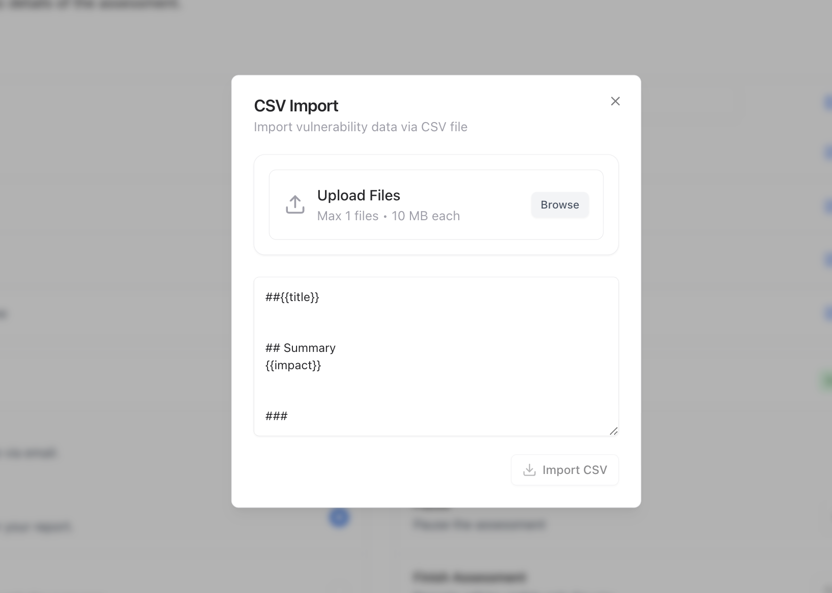 CSV Import modal with file upload and markdown-like mapping example