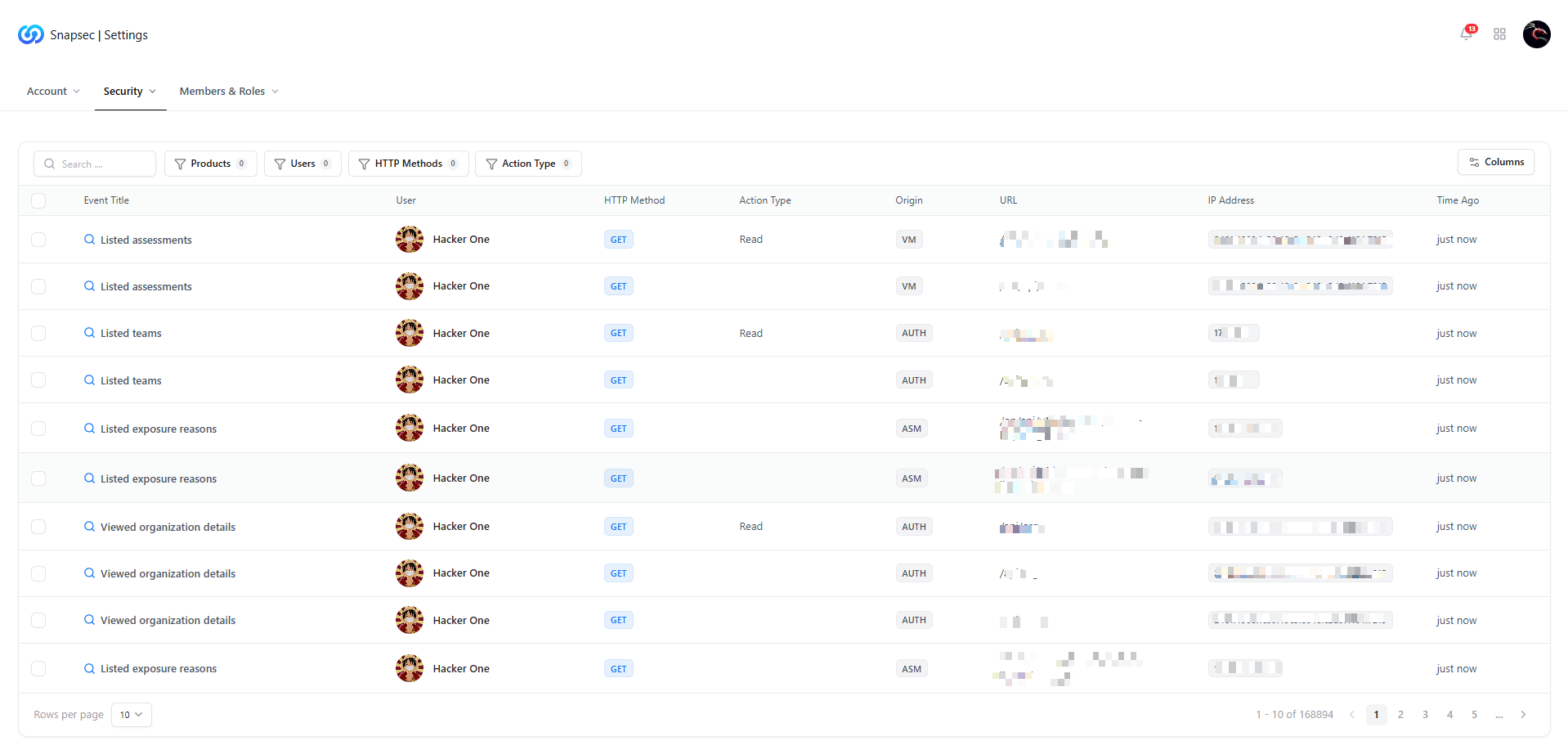 Security logs table showing events, HTTP methods, users, IP addresses, and timestamps