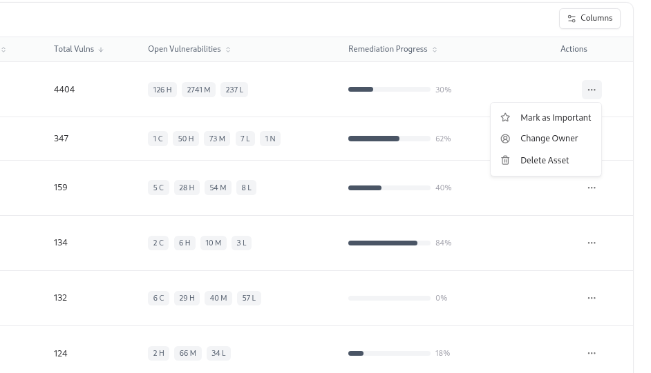 Context menu showing mark important, change owner, and delete asset options