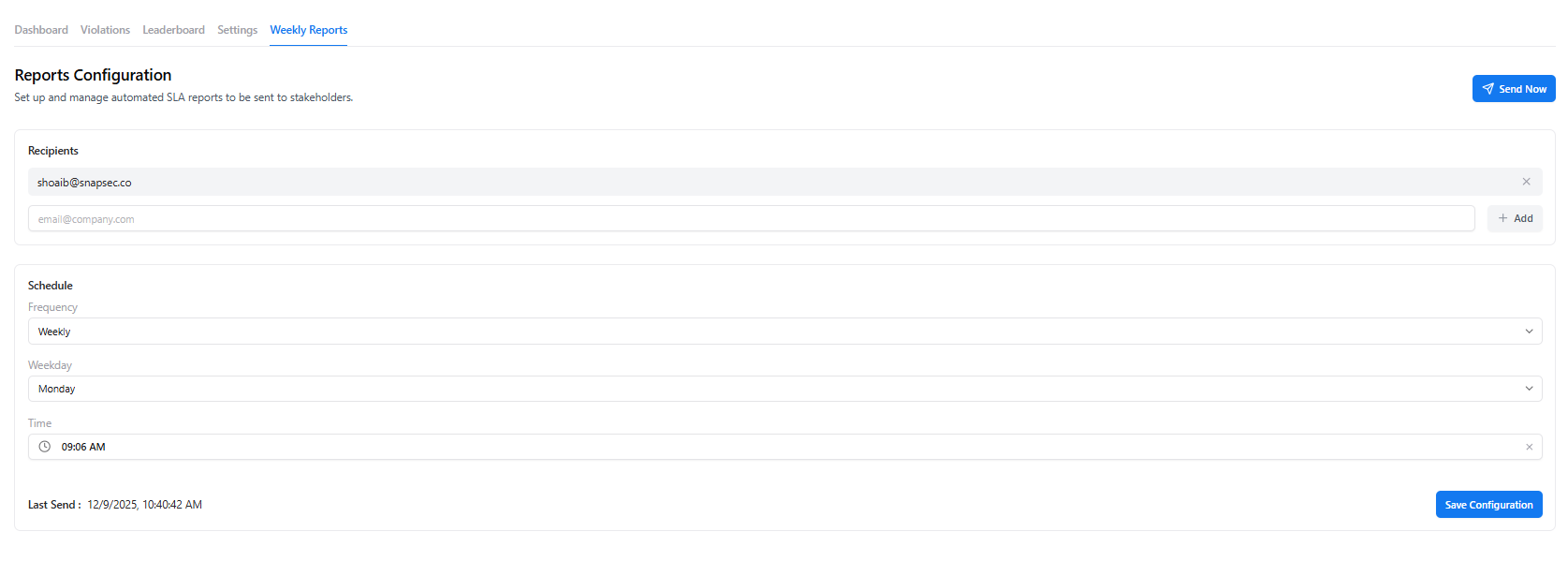 Weekly SLA Reports configuration screen