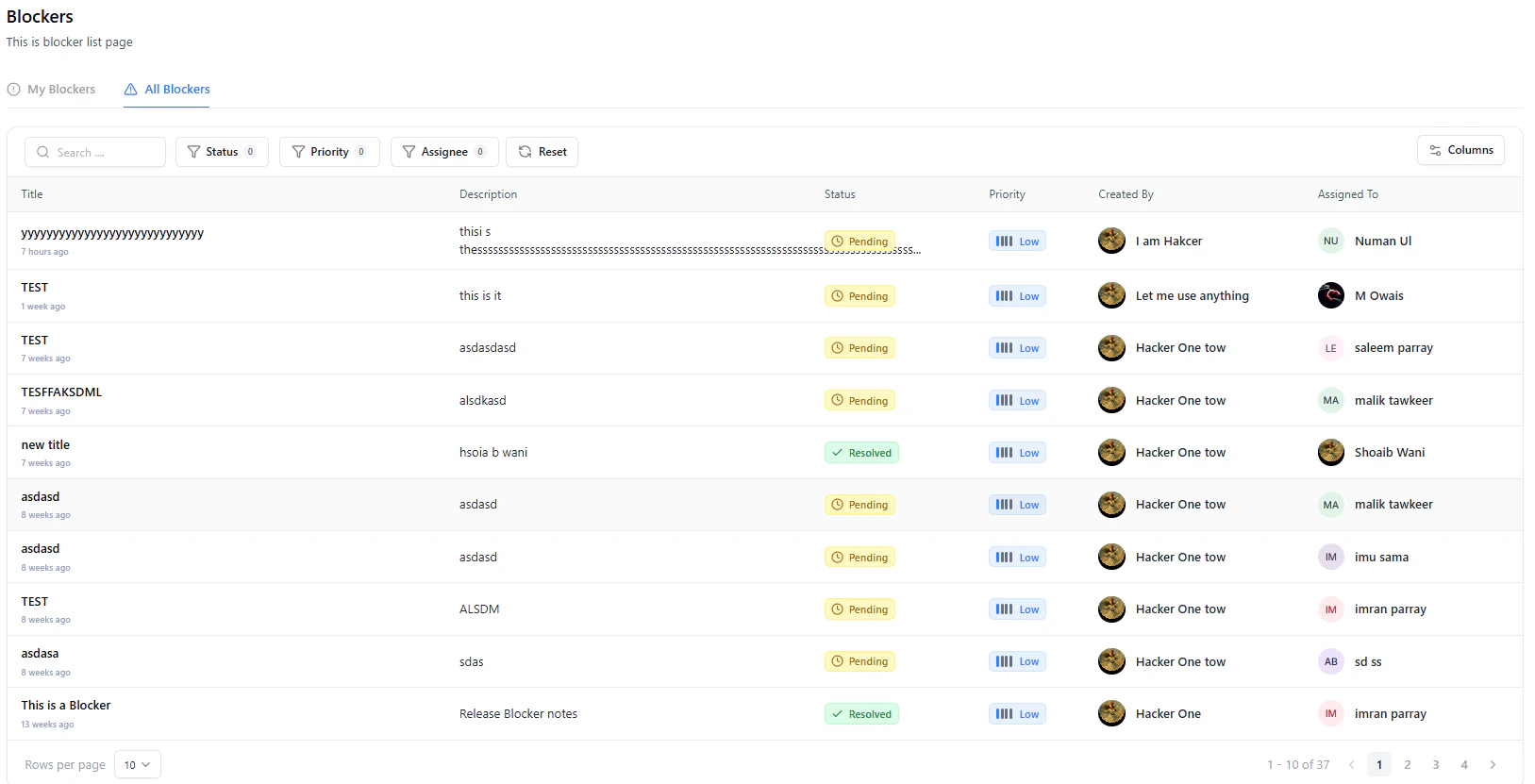 Blocker filtering toolbar with search and filters