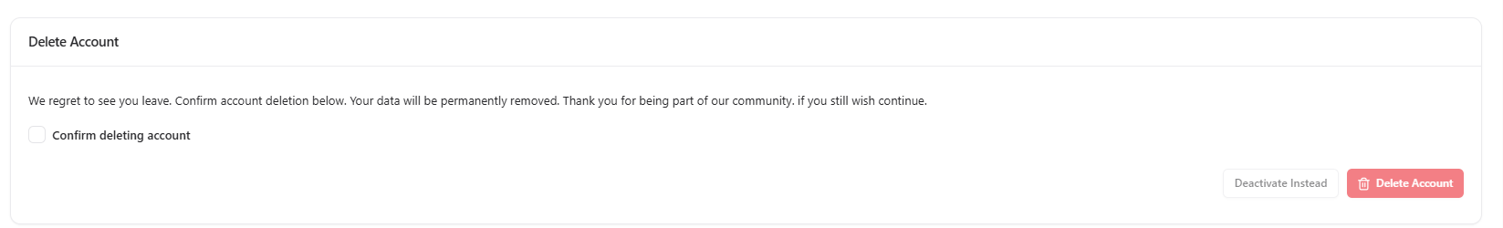 Delete account confirmation with warning message