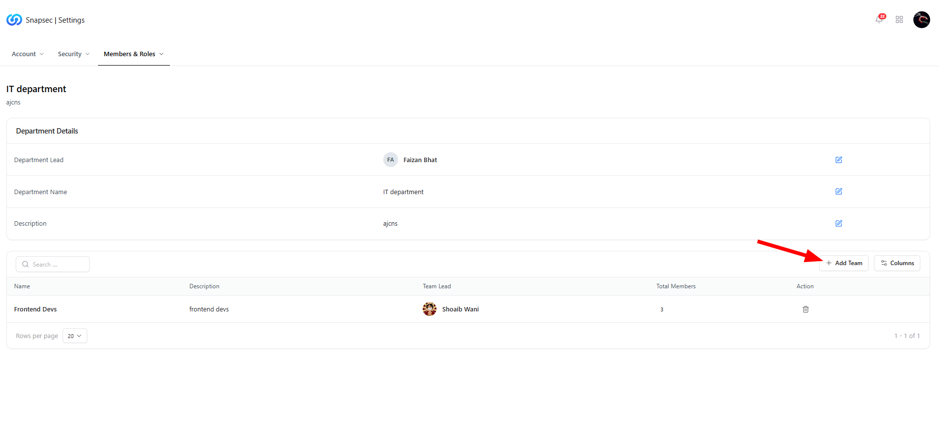 Add Team button inside department view