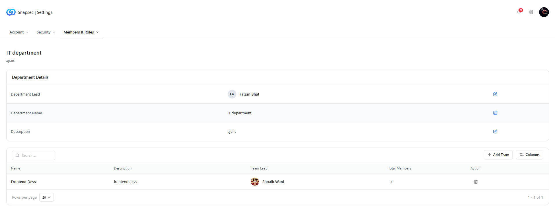 Department details page showing lead, description, and teams table