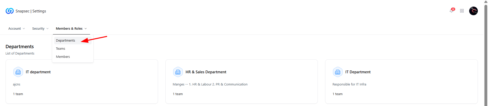 Departments list showing IT, HR, and other departments