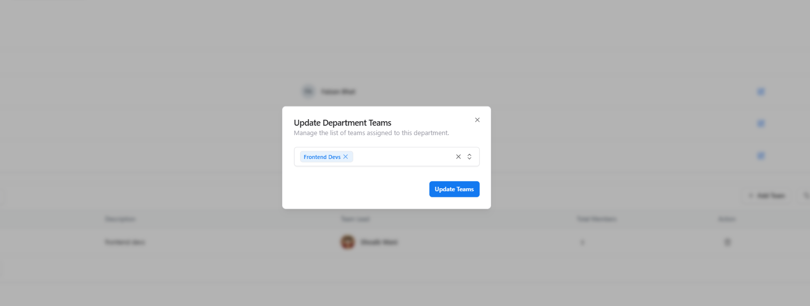 Modal to add or remove teams from a department
