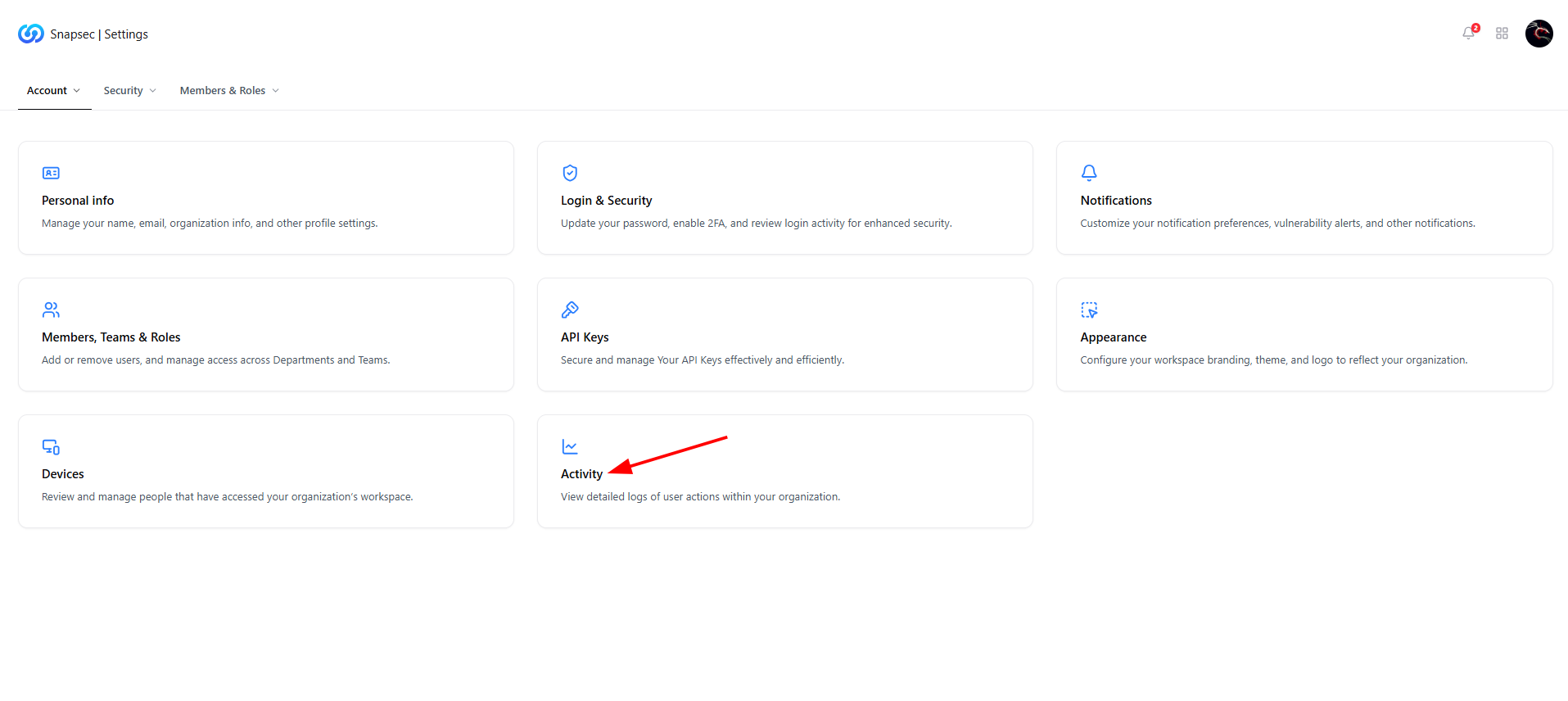 Security navigation entry showing where to access security controls