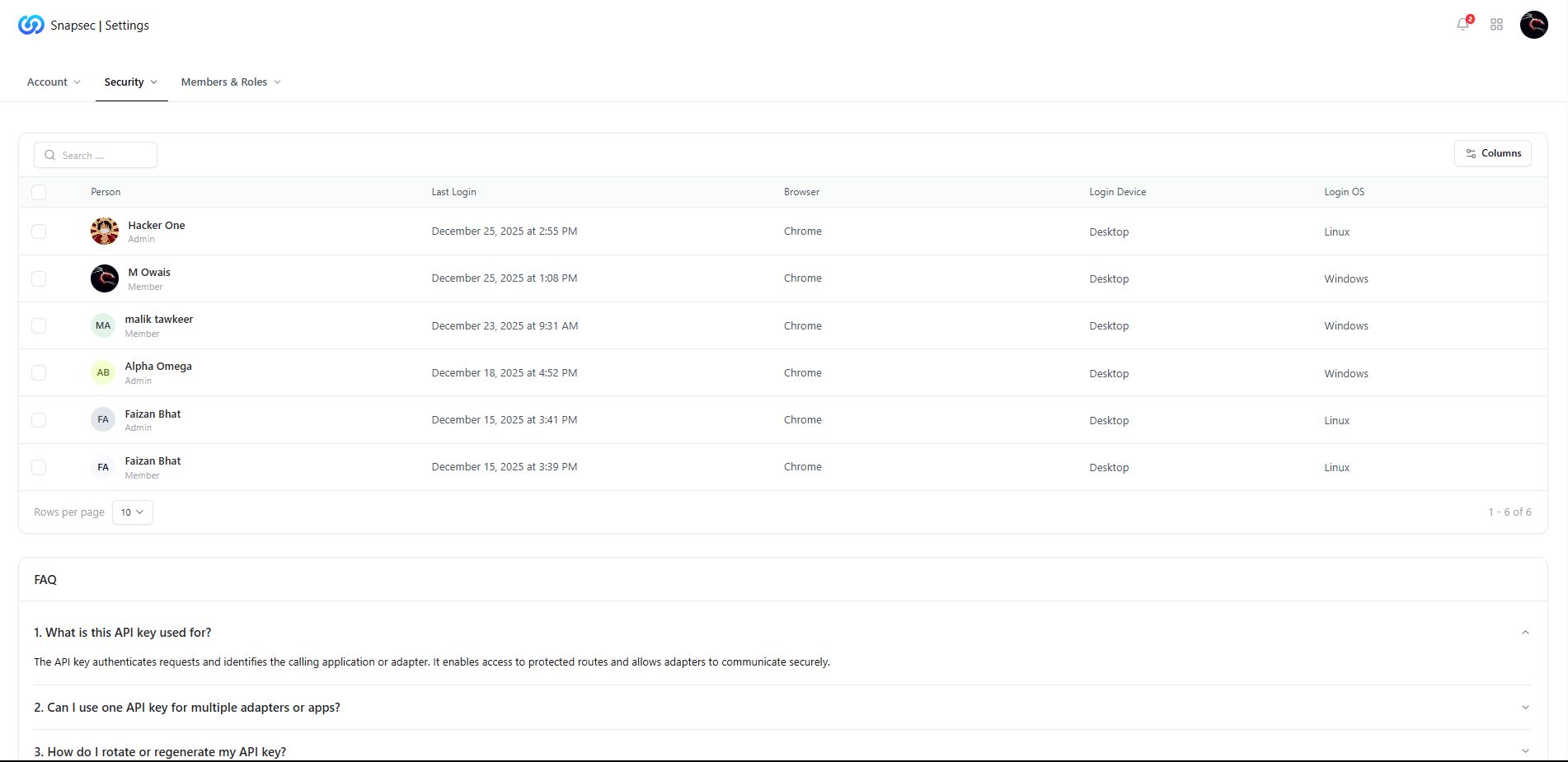 Table showing active user sessions with browser, device, OS, and last login time