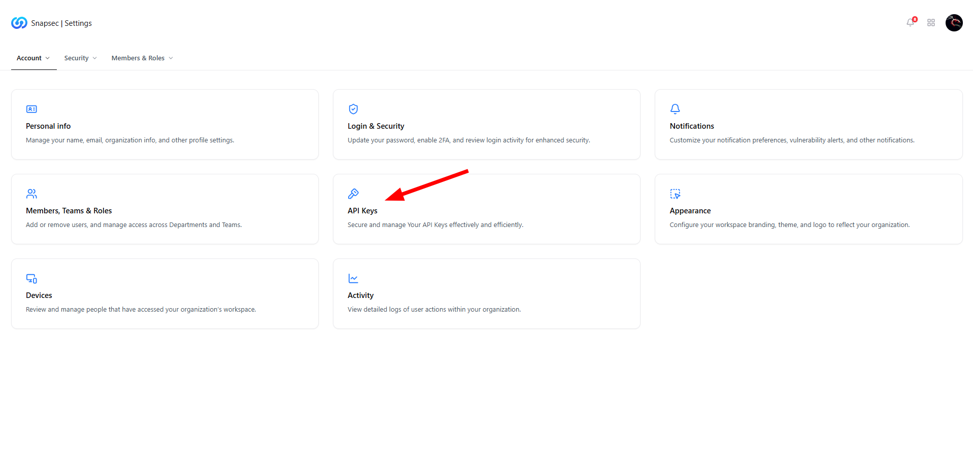 API Keys card in Snapsec settings dashboard