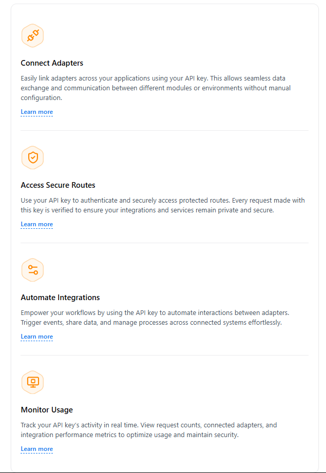 API key capabilities such as adapters, secure routes, automation, and monitoring