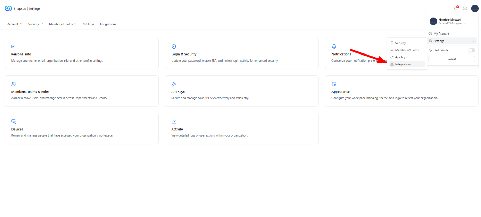 Integrations option accessible from Snapsec Settings menu
