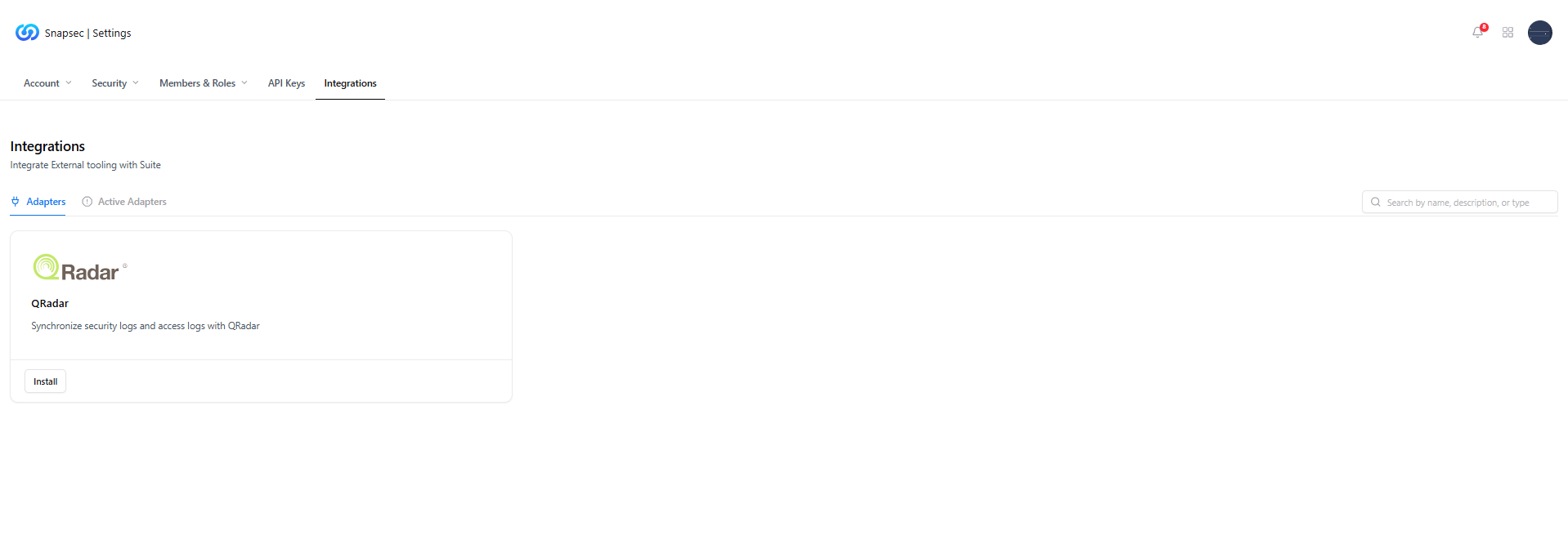 Integrations page displaying available adapters such as QRadar