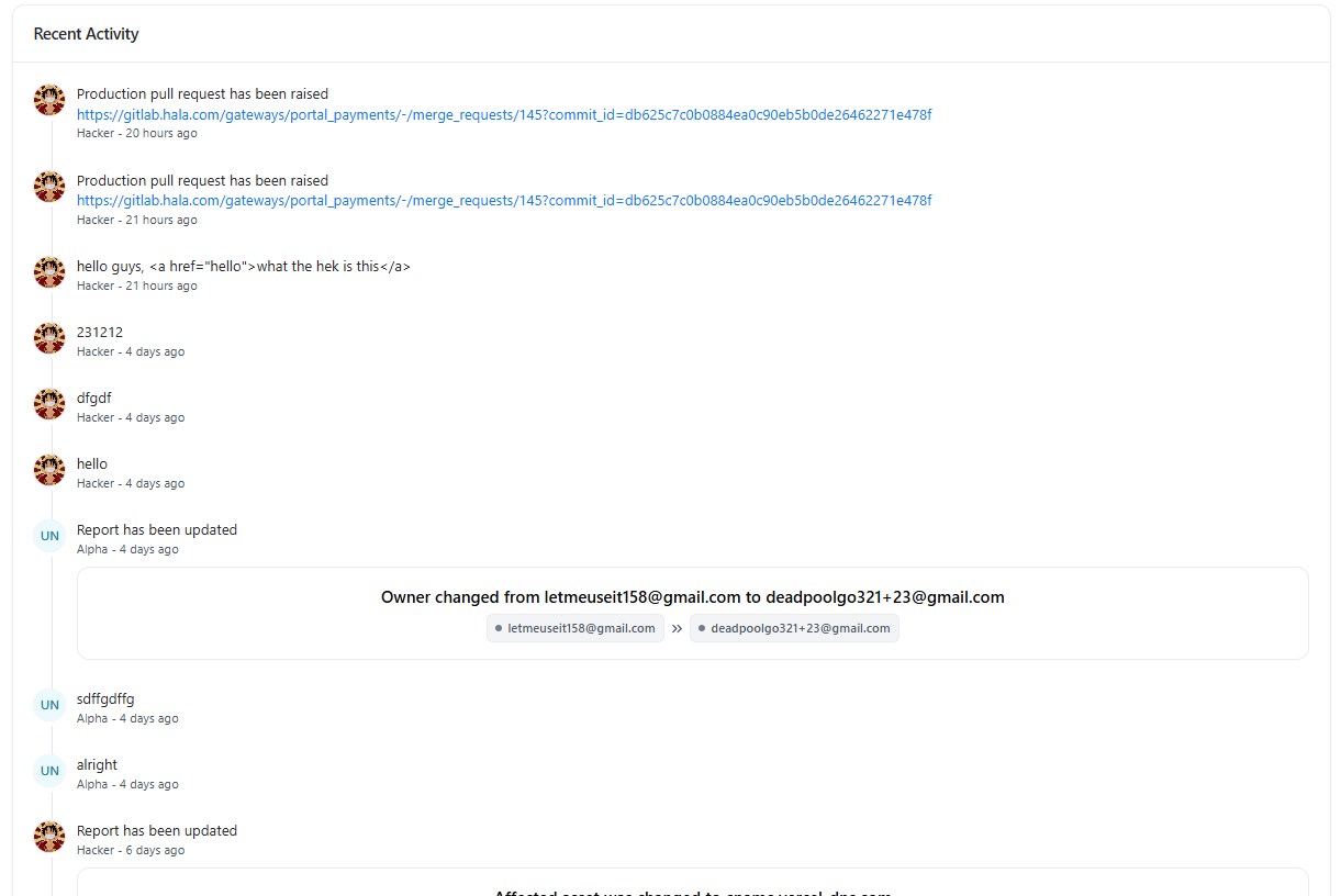 Recent activity feed with comments and system events