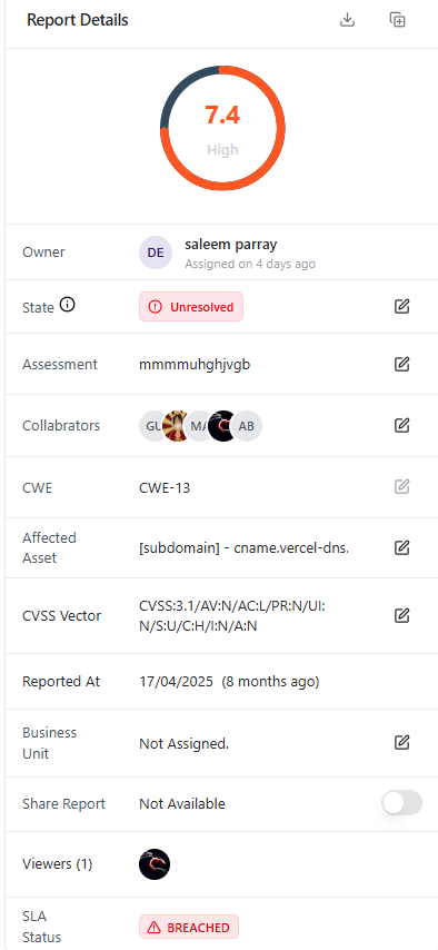 Vulnerability report metadata with CVSS, owner, state, and SLA