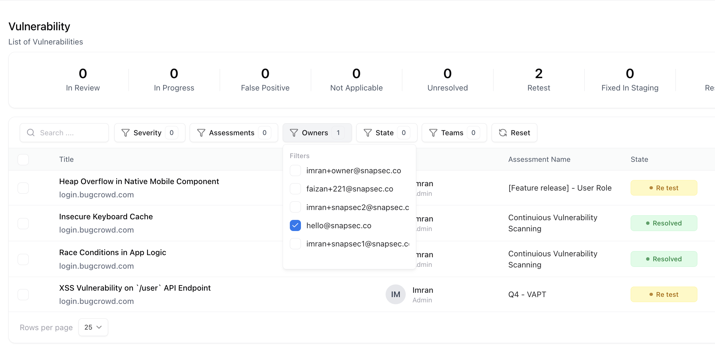 Filter Vulnerabilities by Owner