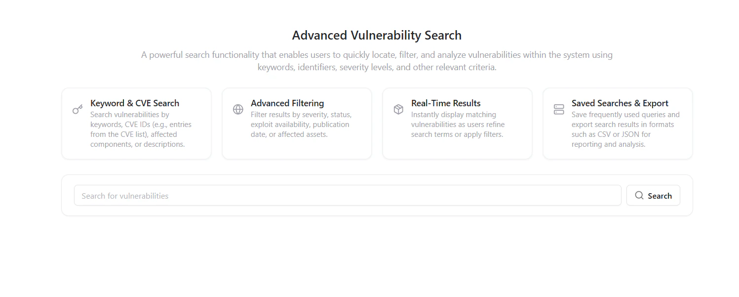 Advanced vulnerability search interface with keyword search, filtering, and real-time results