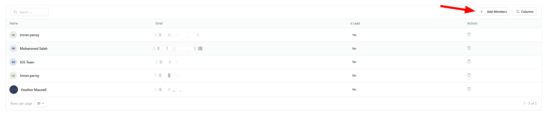 Add Members button inside team members table
