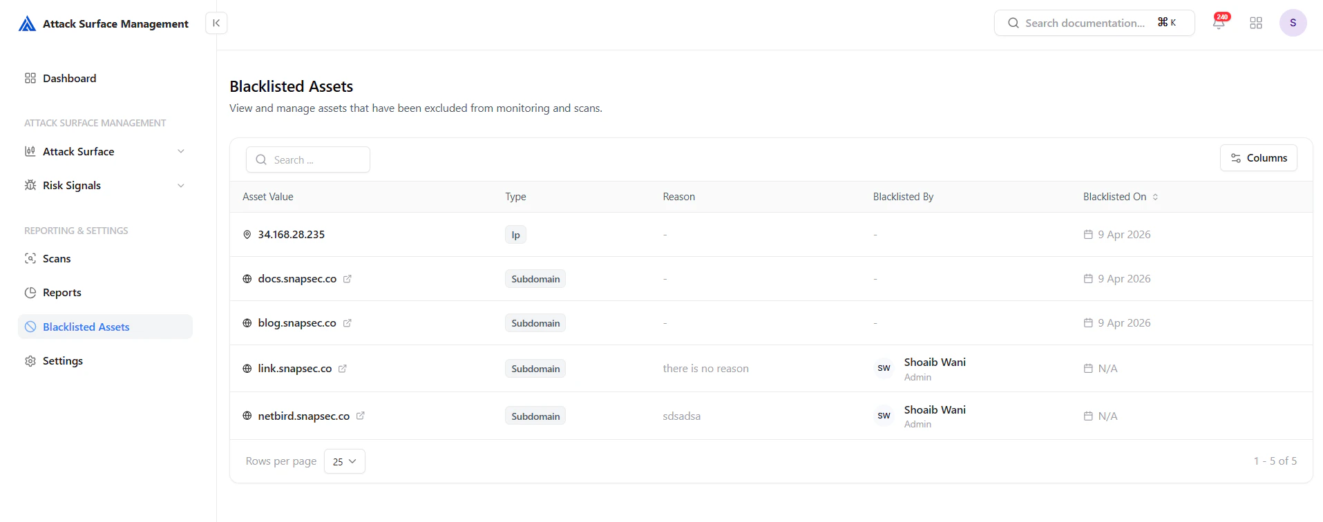 Blacklisted Assets Table