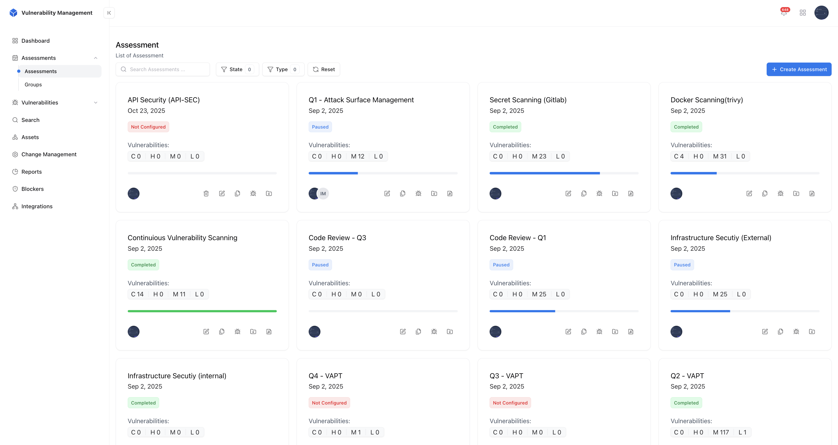 Assessment Groups page showing folders for grouping assessments